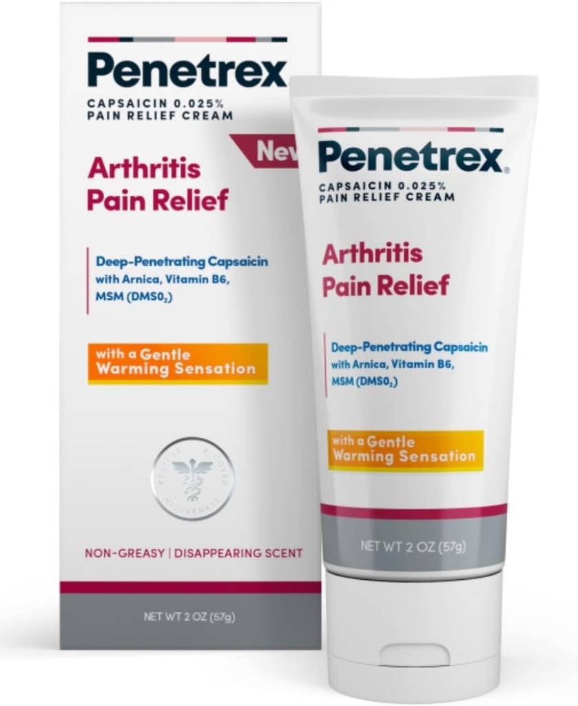 Crema de Alivio de Dolor Penetrex - Capsaicina profunda con Arnica, Vitamina B6 &amp; MSM(DMSO2) - Aplicar a Manos, Wrists, Pies, rodillas, codos y otras áreas afectadas, 2 oz