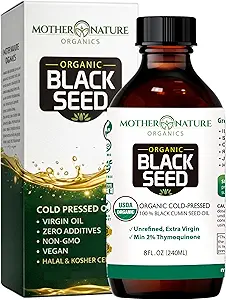 Madre Naturaleza USDA Organic Black Seed Oil, High TQ 2%, Cold Pressed, Unrefined Nigella Sativa, Omega 3 6 9 para Immune, Joint & Heart Support, Hair & Skin, Non-GMO, Glass Bottle (8oz)