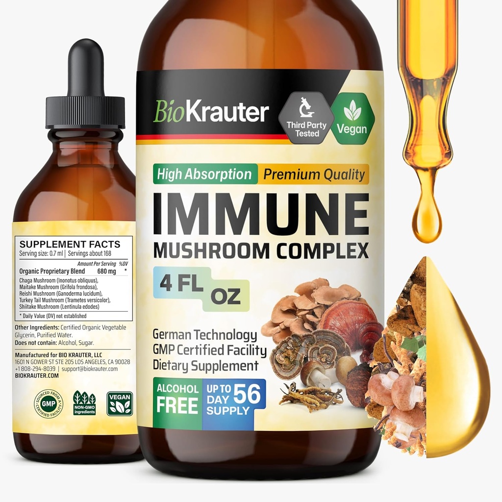 BIO KRAUTER Immune Support Mushroom Supplement - Lions Mane, Shiitake, Turkey Tail, Reishi, Chaga & Maitake Liquid Extract - Mushroom Complex Tincture - Vegan Drops 4 Fl.Oz.