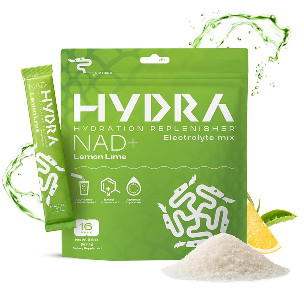 Hidra Powders NAD+ Nutrients Electrolyte Powder Packets, Anti Aging Daily Hydration Packets, Low Sodium Electrolytes Powder, Electrolyte Drink Mix Low Sugar - 16 Electrolyte Packets Lemon Lime