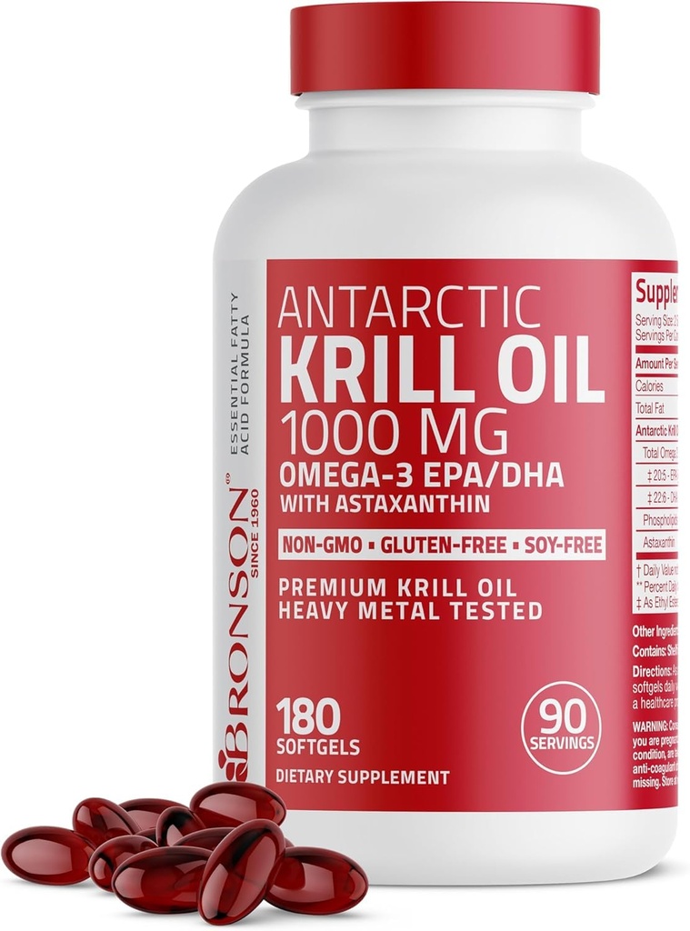 Bronson Antarctic Krill Oil 1000 mg with Omega-3s EPA, DHA, Astaxanthin and Phospholipids 180 Softgels