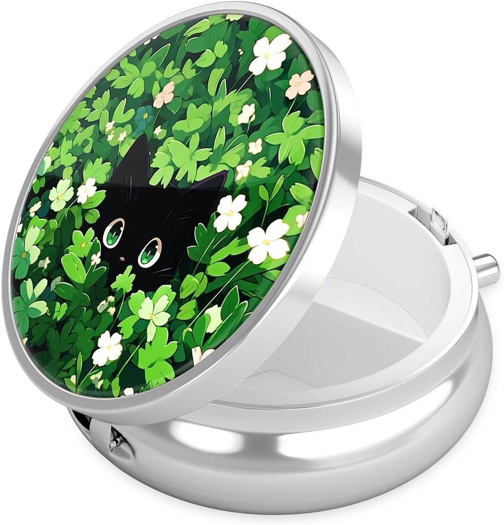 Nipichsha Pill Box, Small Pill Case for Purse & Pocket, Cute Travel Medicine Organizer, Portable Medicine Container Holder to Hold Vitamins, Medication, Fish Oil &amp; Supplement, Green Leave Cat