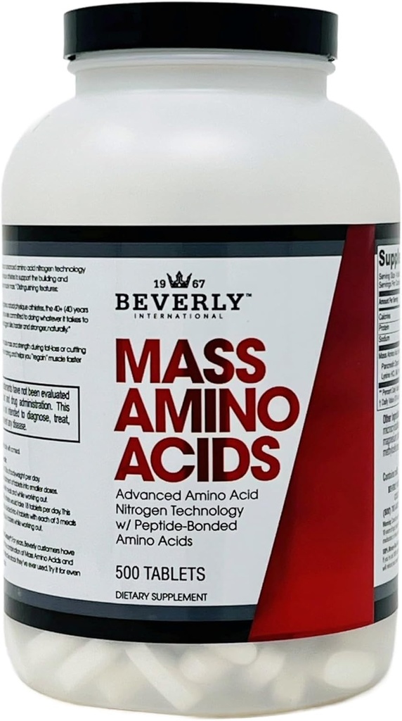 Beverly International Mass Amino Acids, 500 Tabs. Use Pre-Post Workout, with Meals, Essential for Muscle Recovery and Repair. Complete Amino Acid Profile
