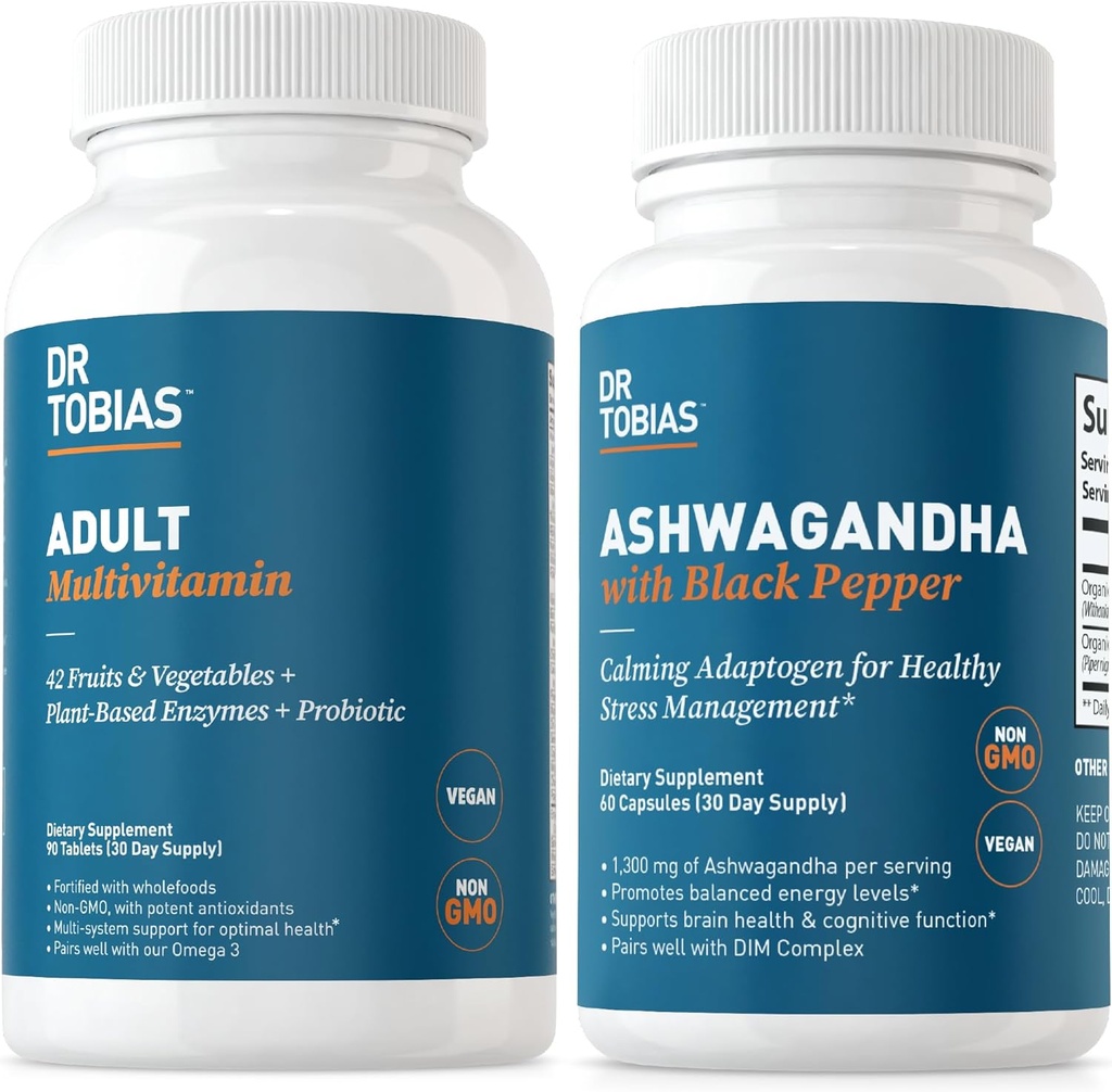 Dr. Tobias Adult Multivitamins and Ashwagandha Capsules, Support General Wellness & Balanced Energy ' Resilience, Vegan, Non-GMO