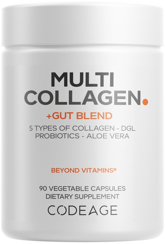 Codigo Multi Collagen + Gut Blend Supplement - Digestive Probiotics, DGL Licorice, Aloe Vera, Organic Peppermint Leaf, Slippery Elm - Hidrolyzed Bovine Collagen Pills - Non-GMO - 90 cápsulas