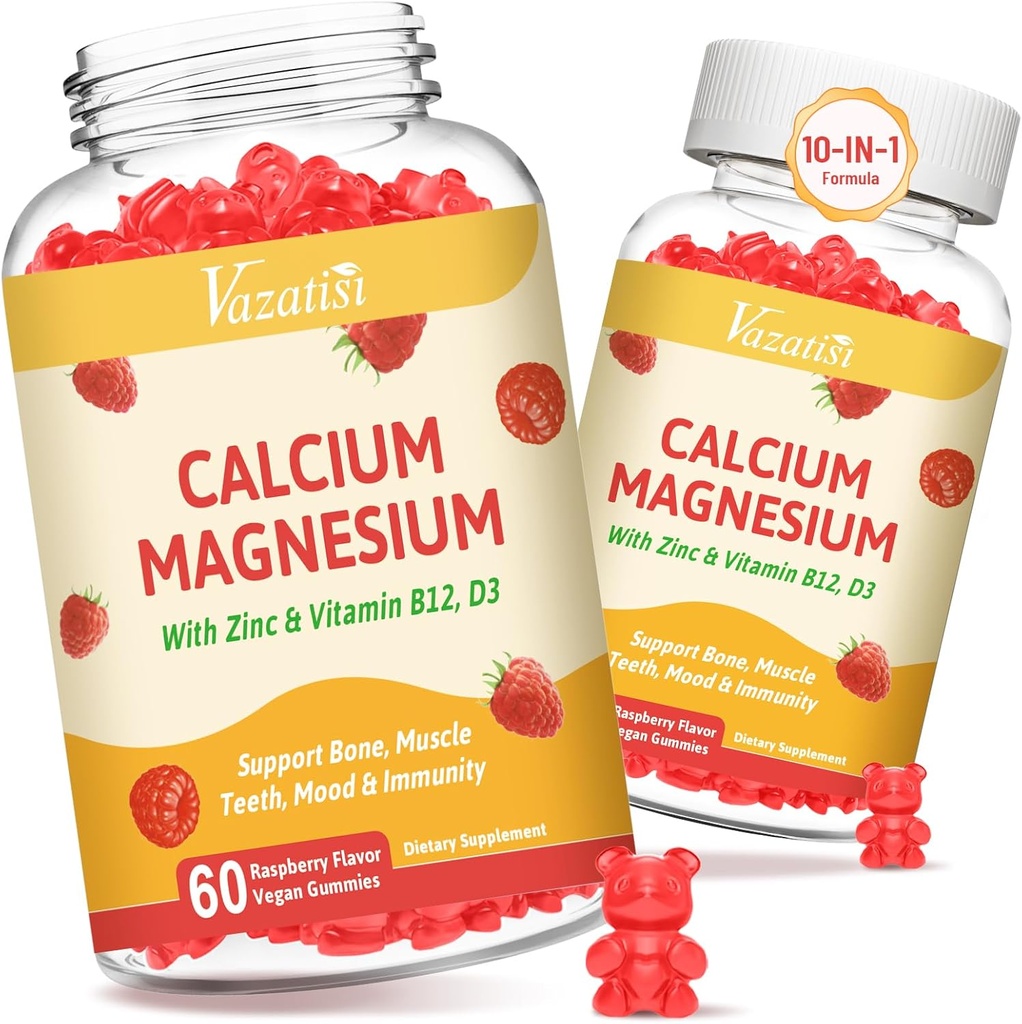 2 Pack Calcio Gummies con Magnesio, Zinc, Vitamina D3 &amp; B12, Suplementos de Calcio para Mujeres Hombres, Bono de Apoyo, Musculo e Inmunidad, 120 Vegan Raspberry Flavor Gummies