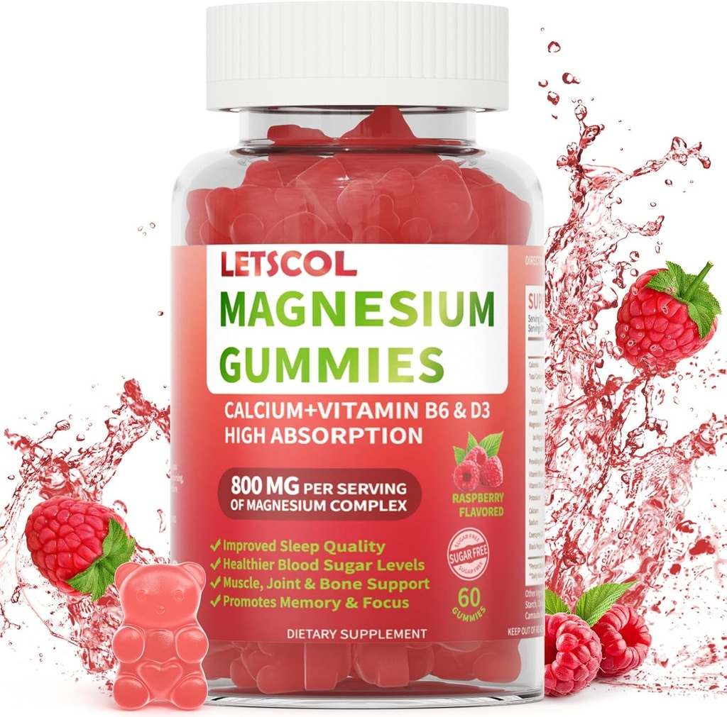 Magnesio Glycinate Gummies 800mg Por Serving, Suplemento de Magnesio Libre de Azúcar con Magnesio Malate, Calcio, Vitamina D3, B6, CoQ10 para el Soporte Calma &amp; Dormir para Adultos Niños