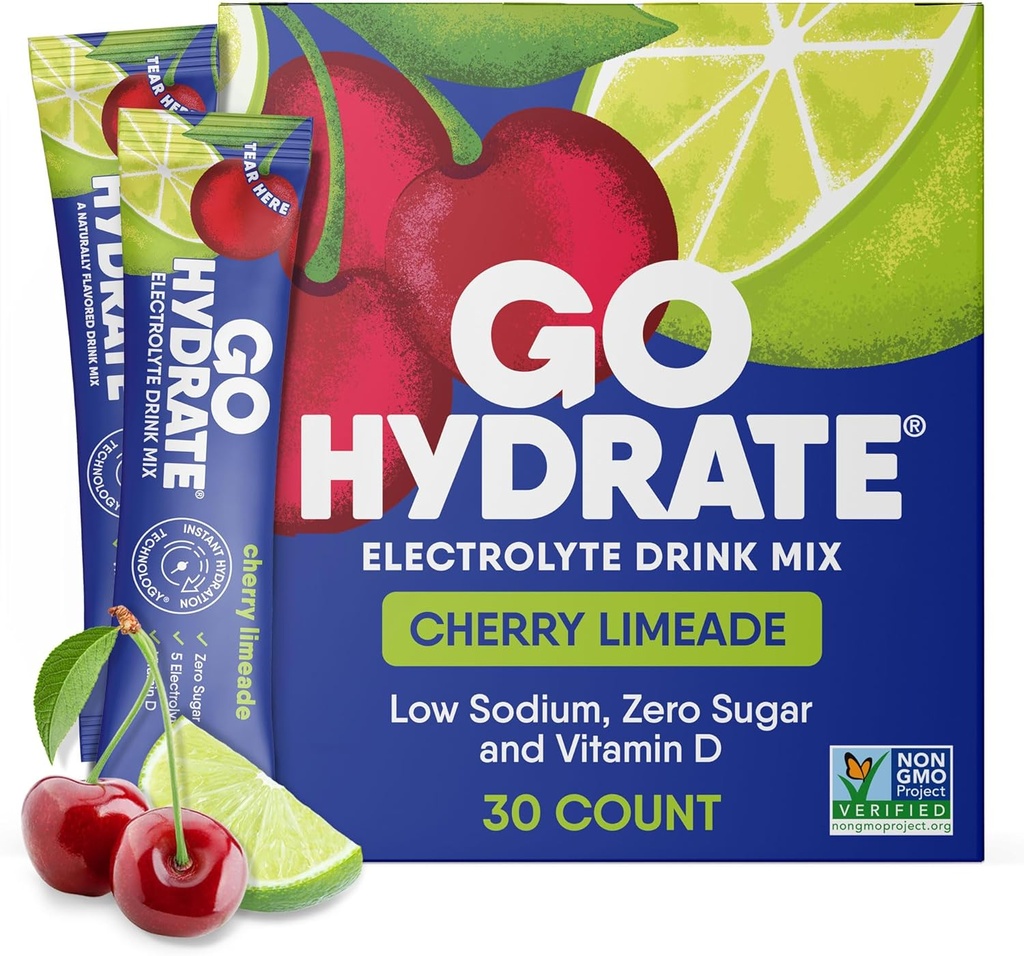 GoHydrate Low Sodium Electrolytes Powder Packets Sugar Free - Instant Hydration Daily Drink Mix - Zero Sugar Water Flavor Packet Singles with Vitamin D - (Cherry Limeade, 30 Packs)