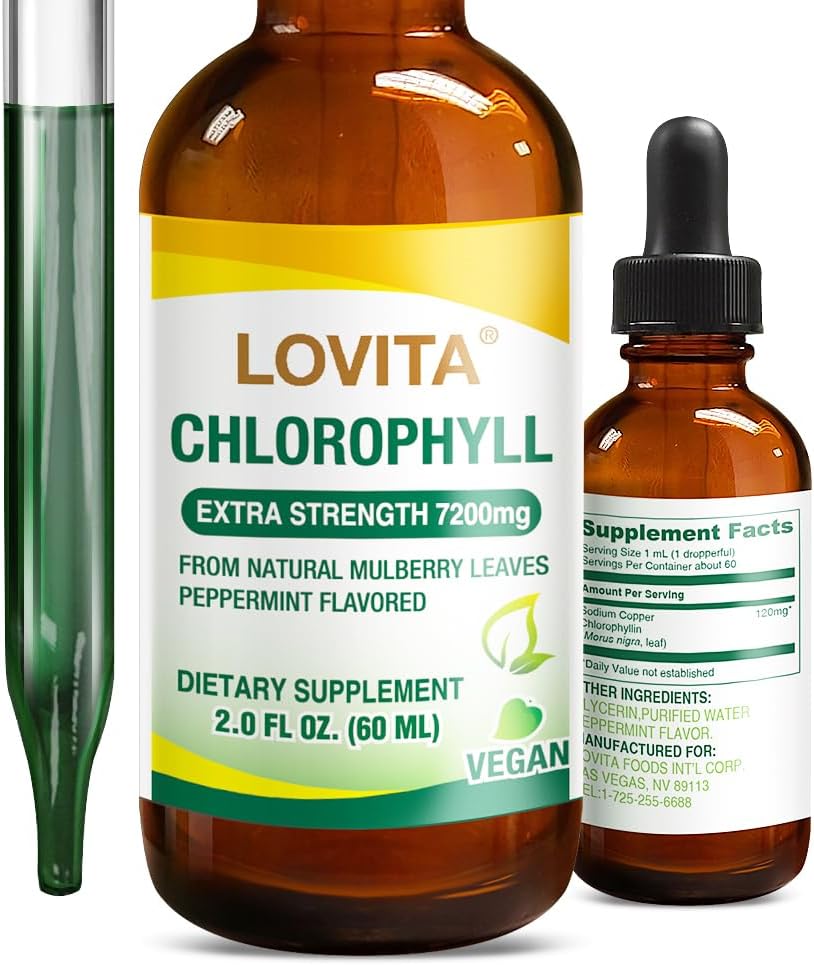 Lovita Chlorophyll Liquid Drops, High Potency 120 mg/mL, 7,200 mg por Bottle, Natural Energy Booster &amp; Immune Support, Internal Deodorant, Skin Health, Vegan " Non-GMO, Mint Flavor, 60 Serviciones 2 Oz