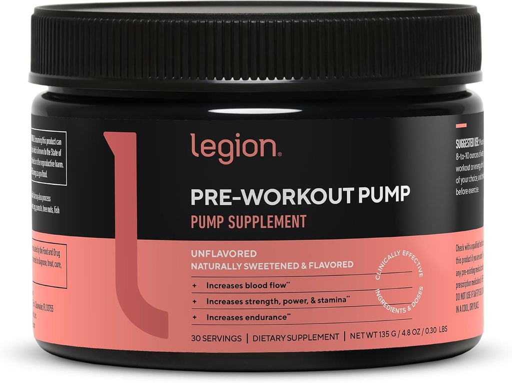 LEGION Pre Workout Pump - Suplemento Arginine Boosts Producción de óxido nítrico - Booster de óxido nítrico ayuda a aumentar la fuerza " resistencia, promueve la eficiencia muscular mejorada (Desarrollado, 30 servicios)