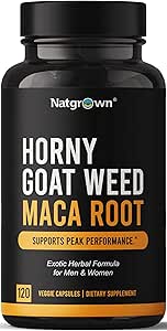 Natgrown Horny Goat Weed and Maca Root Extract Supplement for Men &amp; Women (Epimedium Extract, Hornygoatweed) Vegan Capsules -120 Ct