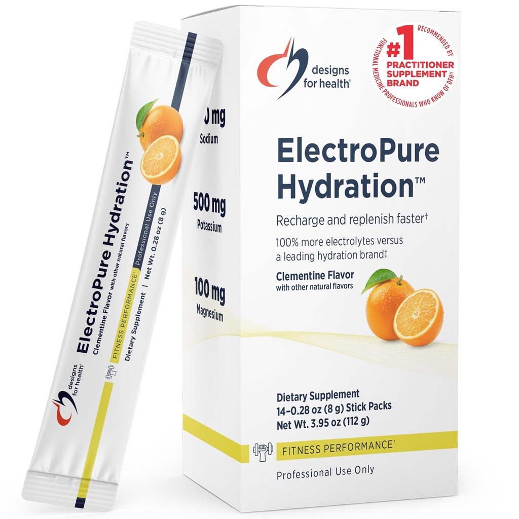 Diseños para Empaquetaduras de Hidratación ElectroPure, Sabor Clementine - Electrolitos Polvo con Vitamina C, Magnesio, Zinc y Potasio - con Sweetener de Fruta Stevia y Monk (14 Stick Packets)