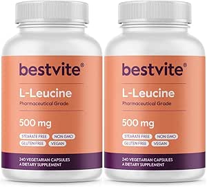 BESTVITE Filler-Free L-Leucine 500mg por cápsula (480 cápsulas vegetarianas) (240x2) – No Stearates, No Fillers – Vegan, No GMO, Suplemento Leucine libre de gluten – Suplemento Aminoácidos esenciales