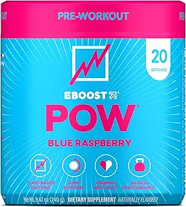 EBOOST POW Natural Pre Workout Powder – 20 Servings - Blue Raspberry - Un suplemento de PreWorkout para el rendimiento, Soporte de Movilidad Conjunta, Energía - Hombres y Mujeres - No Gluten-Free, No Creatine