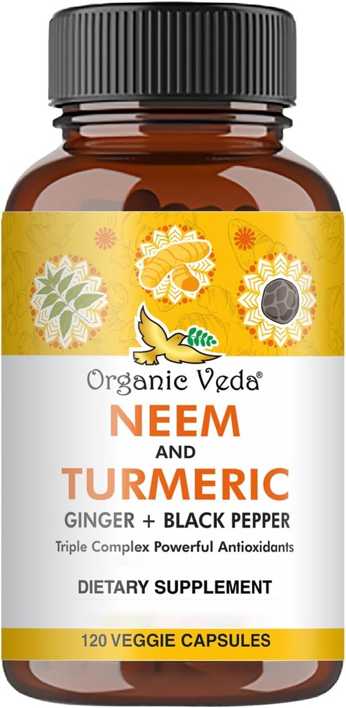Orgánica Veda Neem &amp; Turmeric Capsules with Ginger & Black Pepper - Neem Leaf, Turmeric, Ginger, Black Pepper Capsule Suplemento - Vegan, Non-GMO - 120 Cuenta