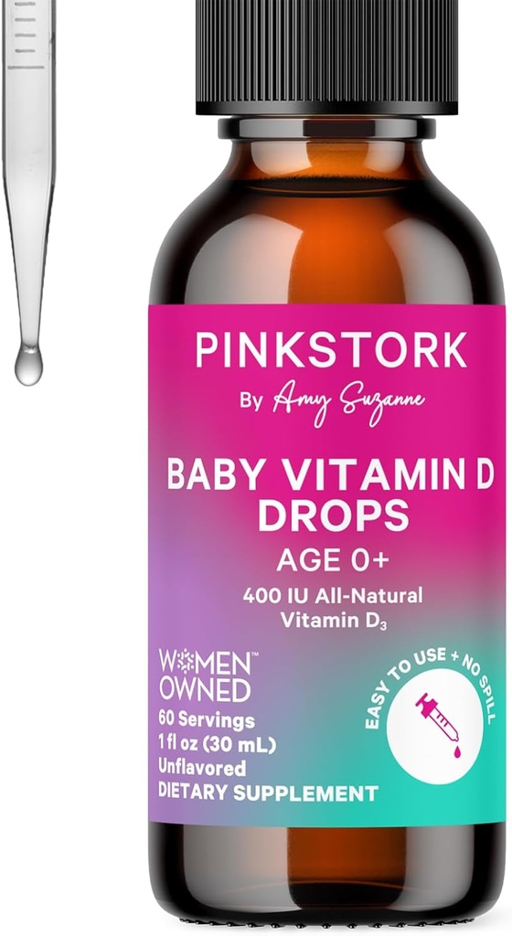 Pink Stork Baby Liquid Vitamina D gotas para bebés, 400 UI Vitamina D3 para recién nacidos y niños para ayudar a apoyar el desarrollo de los huesos y la función sana de la inmune - 1 fl oz, 2 Month Supply