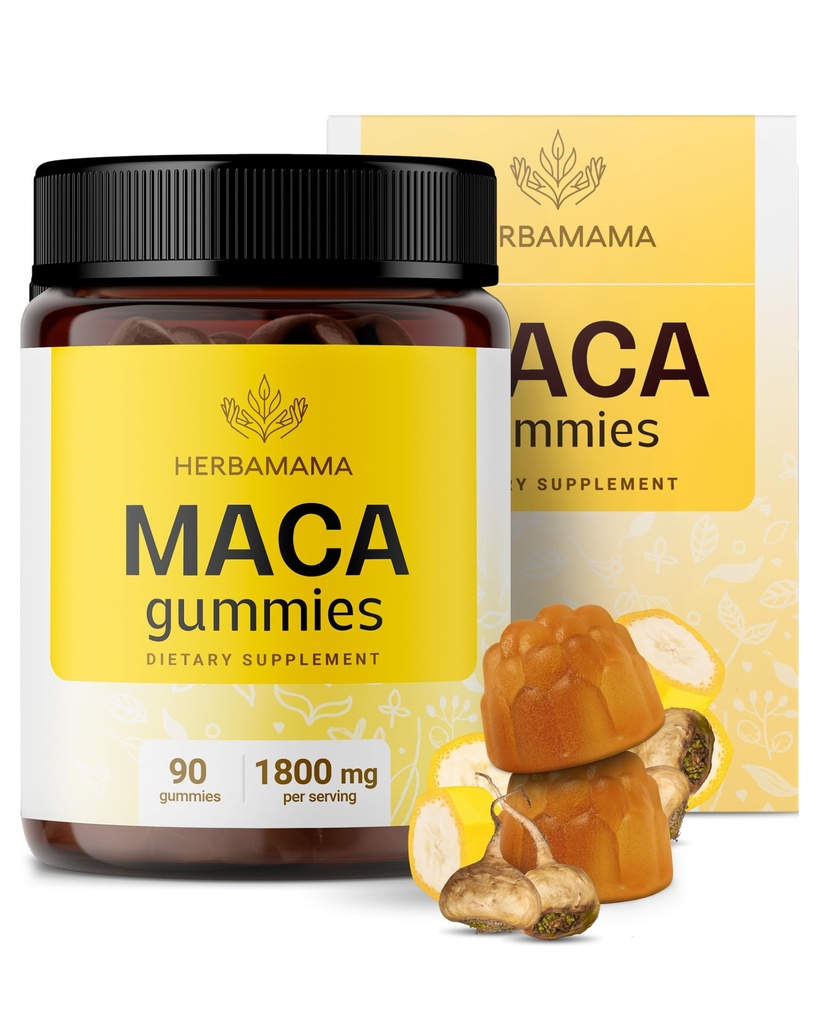HERBAMAMA Maca Root Gummies - 1800mg Maca Root Extract for Energy Support - Vegan, Non-GMO Antioxidant Support Suplemento - 90 Pectin-Based Banana-Flavored Chews