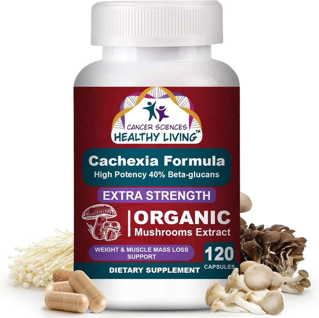 CANCER SCIENCES Cachexia Suplemento, USDA Certified Organic Mushrooms Extract Capsules, Extra Strength 1,500 mg, High Potency 40% Beta-Glucans, Immune & Metabolic Support, Weight & Muscle Mass Support