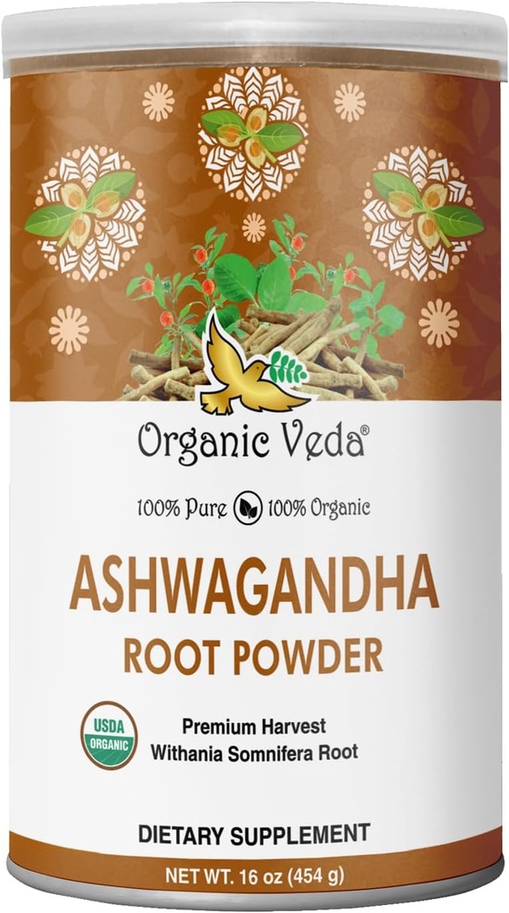 Orgánica Veda Ashwagandha Root Powder, 16oz - 100% Puro & Natural Ashwagandha Powder Suplemento, Withania Somnifera - Mejora la humedad, resistencia, apoyo inmunidad, energía - Vegan, no GMO