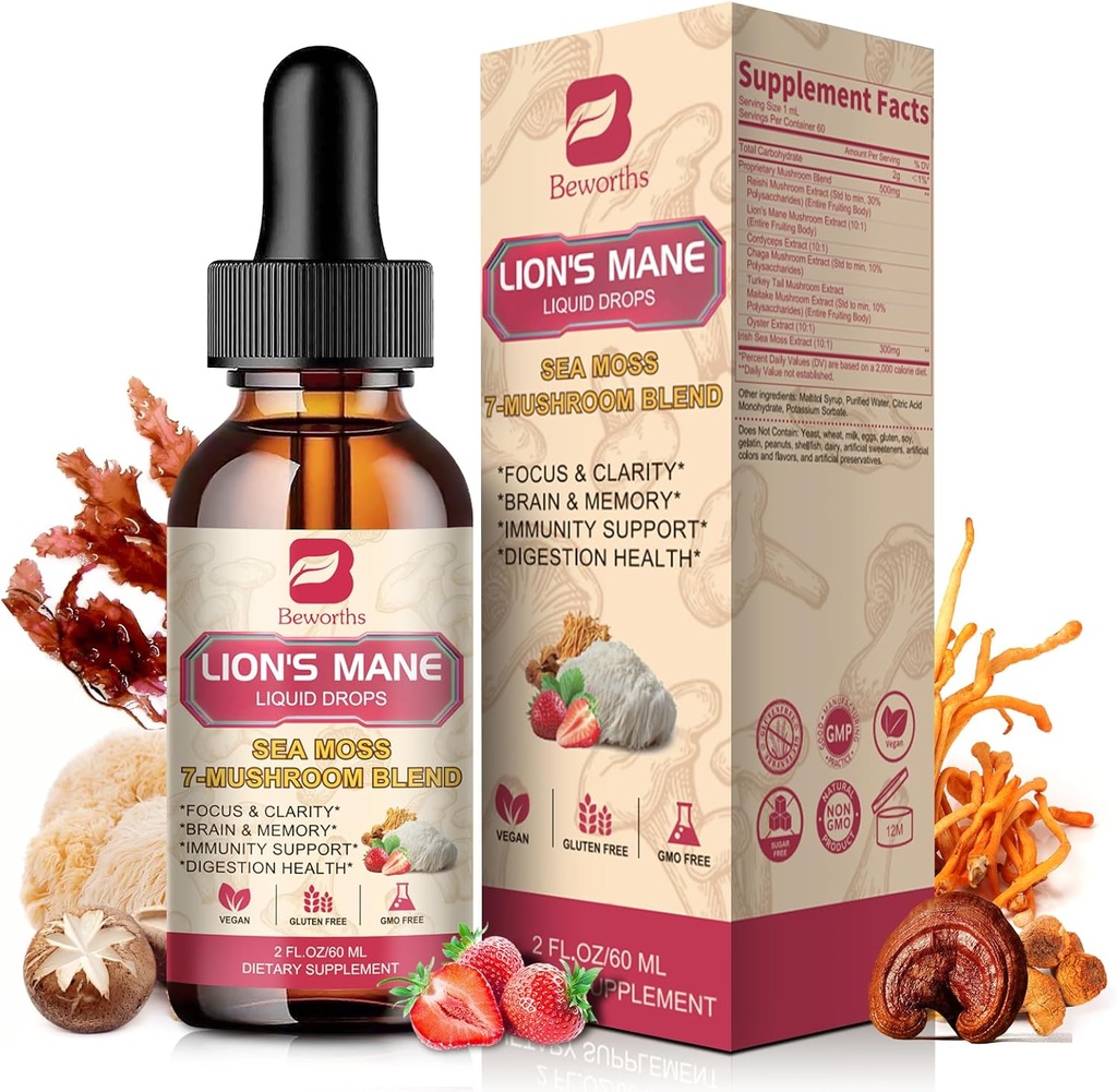 Mushroom Complex Liquid Drop, 8 in 1 Lions Mane Mushroom Supplement with Irish Sea Moss, Chaga, Turkey Tail, Cordyceps & More for Brain, Focus, Cognitive & Immune Support, Vegan,Strawberry Flavor,60mL