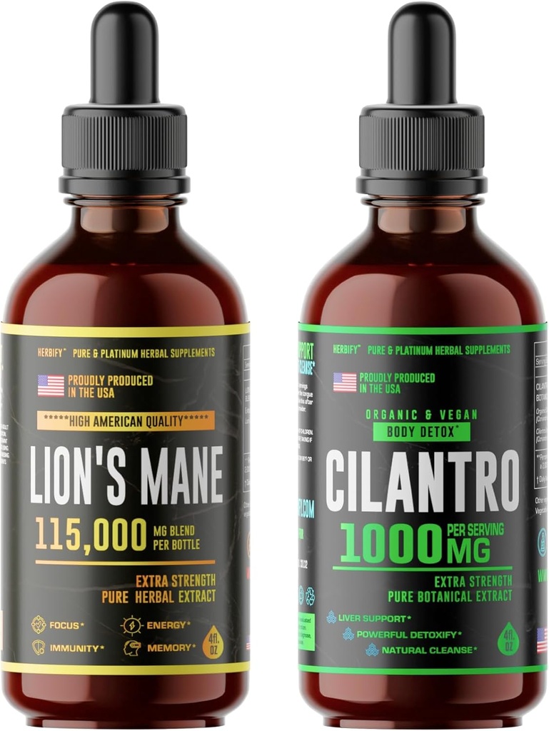 HERBIFY Bundle - Lions Mane Drops " Cilantro Tincture - Brain Boost " Body Detox