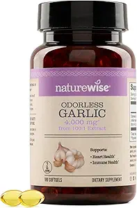 NatureWise Odorless Ajo Suplemento 4000mg - Ultra Potent 100:1 Extract - Healthy Cholesterol Formula, Heart Health Support - Non-GMO, Gluten Free, with Halal Gelatin - 180 Count[90-Day Supply]