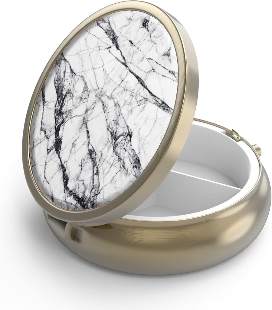 Pill Case Pill Box with Mirror Retro 3 Compartment Small Pill Case for Purse or Pocket Bronze Small Roud Pill Box or Vitamins, Fish Oil, Supplements, Pill Containe Travel Gifts( White Marble)