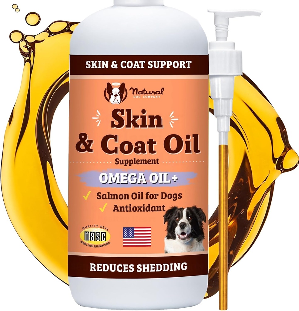 Natural Dog Company Skin &amp; Coat Oil (16 oz.), apoya la salud de la piel, los suplementos de aceite de pescado para perros, la carne blanda, aceite de pescado " Flaxseed Oil, ácidos grasos, botella de aceite de pescado con bomba, antioxidante