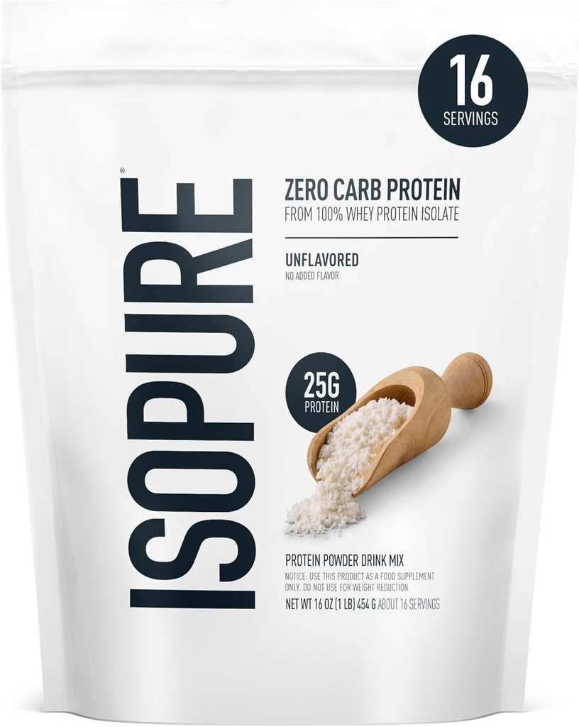 Isopure Zero Carb 100% Pure Whey Isolate Protein Powder, Lactose Free, Gluten Free, with Vitamins, Unflavored, 25g Protein Por Serving, 1 Lb, 16 Servings (Packaging May Vary)