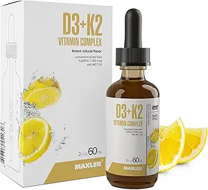 Maxler Vitamina D3 K2 gotas con MCT Oil - Heart, Bone & Immune Support - No GMO, Colores, Sweetener, Alcohol - Vitamina D3 5000 UI & Vitamina K2 500 mcg por 1 Serving - 120 Serviciones Sabor de limón