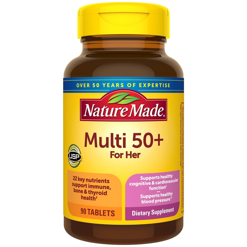 Multivitamina hecha de la naturaleza para las mujeres 50+ No Hierro, Multivitaminas para las mujeres 50 Plus, Soporte nutricional diario, vitaminas hechas de la naturaleza, 90 Tabletas, 90 Day Supply