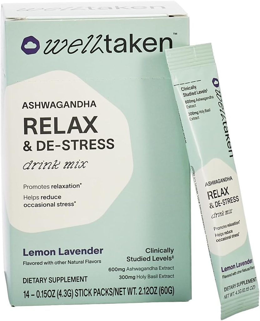 Ashwagandha Relax " De-Stress Powder - Lemon Lavender 14ct Box - 600mg Ashwagandha, 200mg L-Theanine, Holy Basil – Apoya el estrés, la relajación – Vegan, No Añadido Sugar - 14 Servings