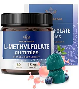 HERBAMAMA L-Methylfolate Gummies - 15mg 5-MTHF Suplemento de calma para adultos - Vegan, Folato de fusión no GMO (Vitamin B9) para el soporte cerebral - 60 Pectin-Based Blueberry-Flavored Chews