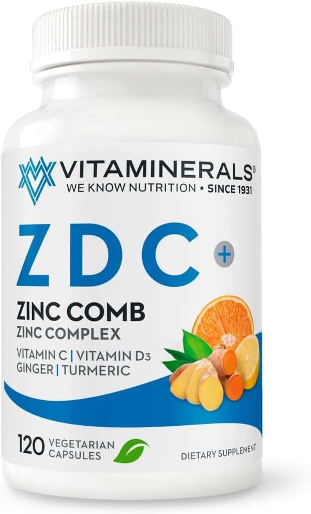 Vitaminerals® Z D C, Complejo Zinc 50mg ANTE Vitamina D3 250mcg tóxico Vitamina C 500mg  durable Ginger ← Lysine TEN Turmeric TEN VÉRGICO Capsules vivos 120 Servings