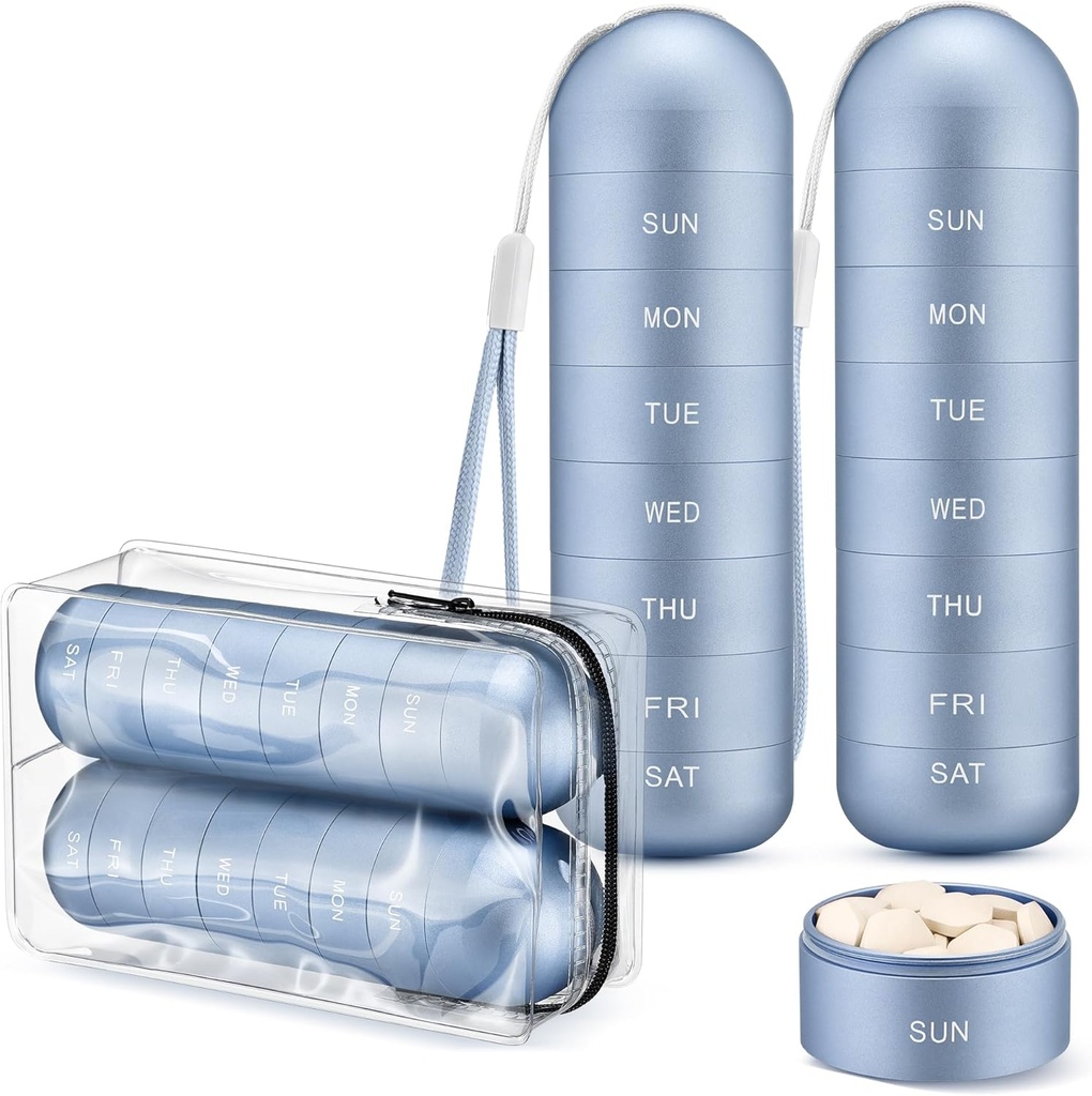 [2 Pack] Zannaki Metal Travel Pill Organizer, Caja de Píldora semanal impermeable para agua, Contenedor de caja de aleación de aluminio grande, BPA Gratis 7 Días de Medicina diaria