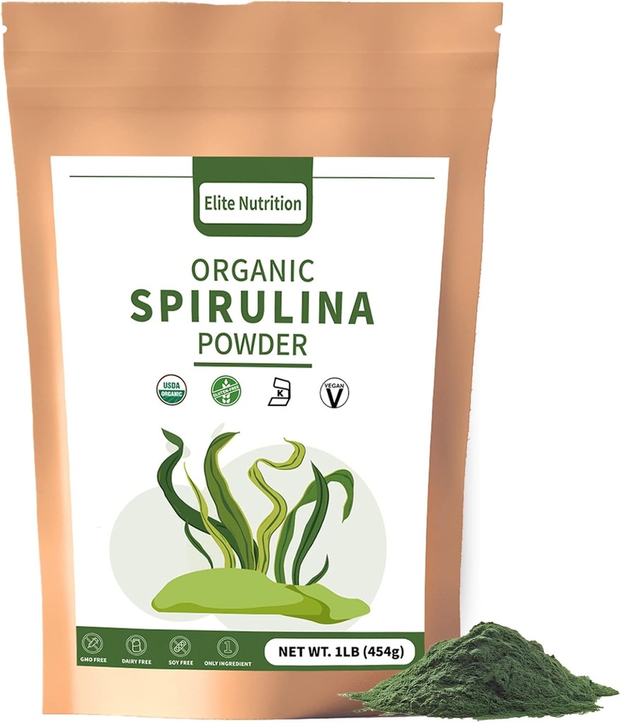 Polvo Espirulina Orgánica, No GMO, USDA Certificado, Superalimentos Verdes Energía, Alto en Proteína, Minerales, Antioxidantes y Vitaminas, 1 lb