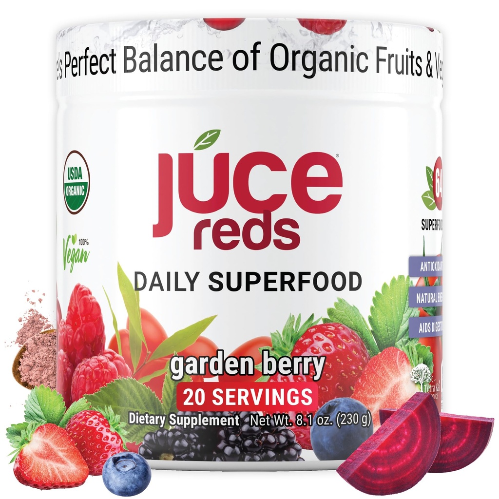 Terra Kai Organics JUCE Reds Organic Superfood Powder - Garden Berry Flavor viv Fruit & Veggie Powder para todos w/64 Immune Boosting Superfood Plus Probiotics for Gut Health ← 20 Servings (230g)