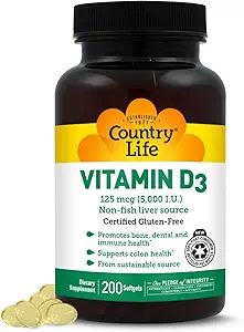 Country Life Vitamin D3 5000 IU for Immune and Bone Health, Calcium Absorption, and Colon Health - Sustainable Source from Lanolin, Available in Various Strengths