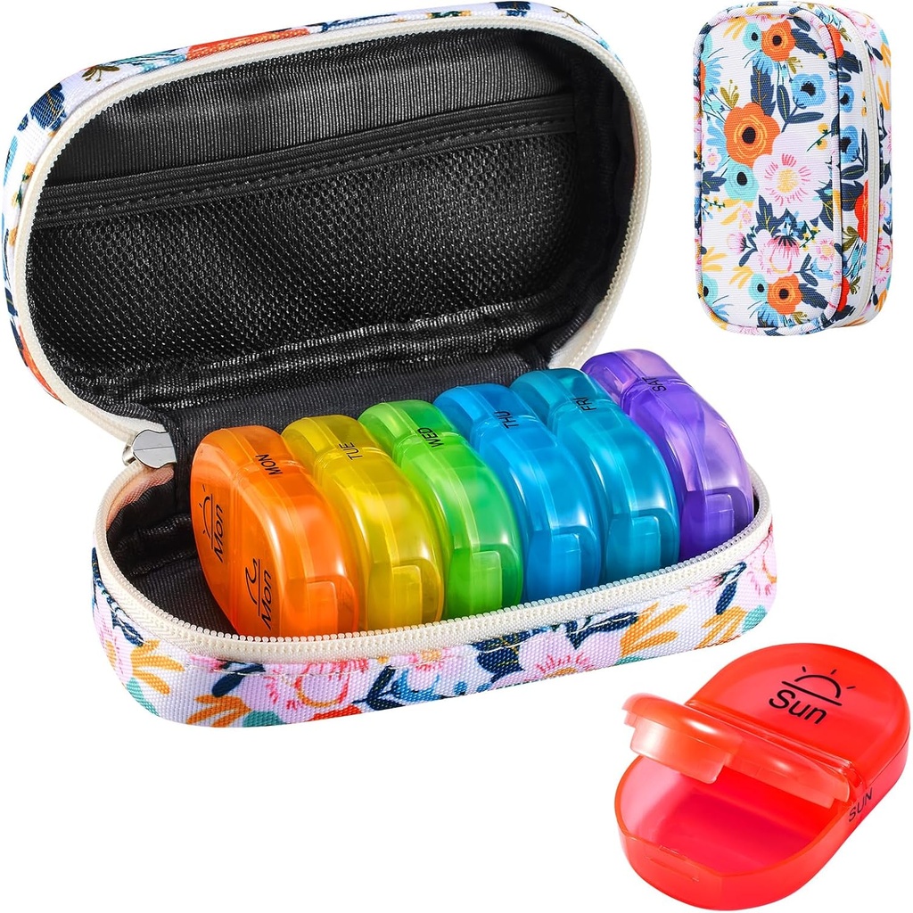 Serfeymi Weekly Travel Pill Organizer 2 Times A Day AM PM Upgraded Rainbow Pill Box 7 Day with Portable Zipper Canvas Pill Case, Medicine Organizer for Pills, Vitamins, Fish Oils - Bloom 01