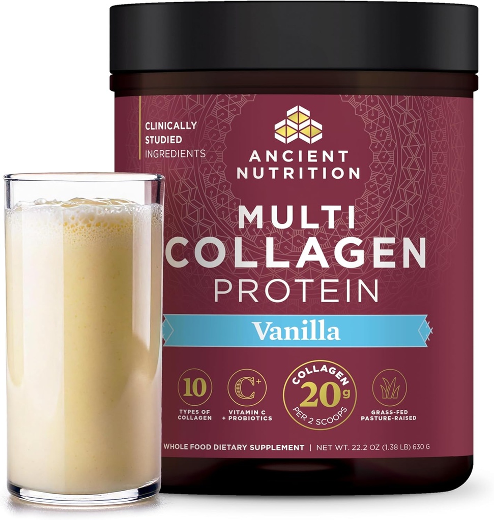 Ancient Nutrition Collagen Peptides Powder, Multi Collagen Protein, Women & Men, Vitamin C, Probiotics, Hydrolyzed Collagen, Supports Skin, Joints, Gut Health, Vanilla, 60 Servings