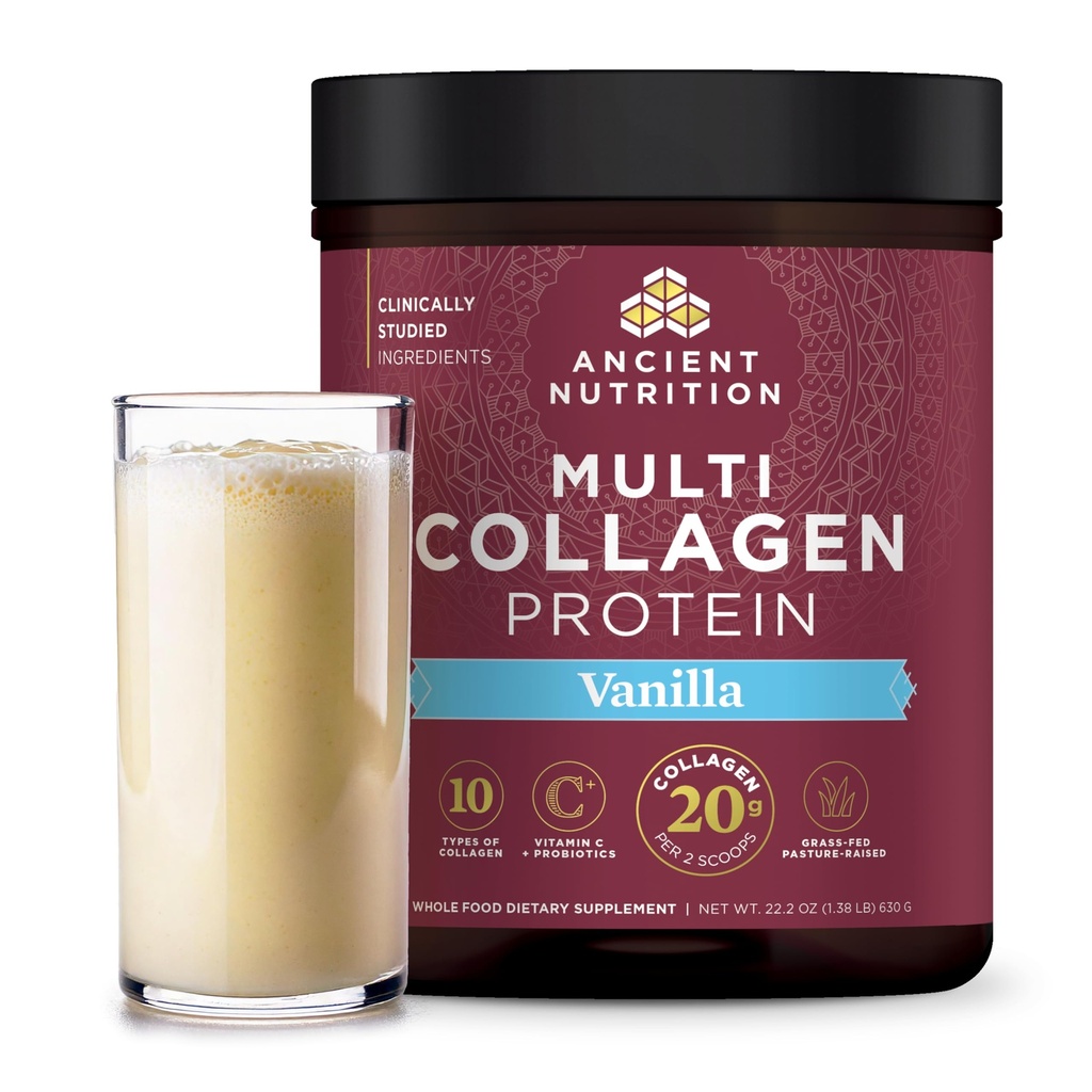 Ancient Nutrition Collagen Peptides Powder, Multi Collagen Protein, Women & Men, Vitamin C, Probiotics, Hydrolyzed Collagen, Supports Skin, Joints, Gut Health, Vanilla, 60 Servings