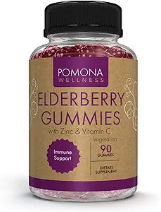 Pomona Wellness Elderberry Gummies with Zinc and Vitamin C for Immune Support 3-1 Chewable Black Elderberry Gummy Supplement for Kids and Adults, Vegan, 90 Gummies
