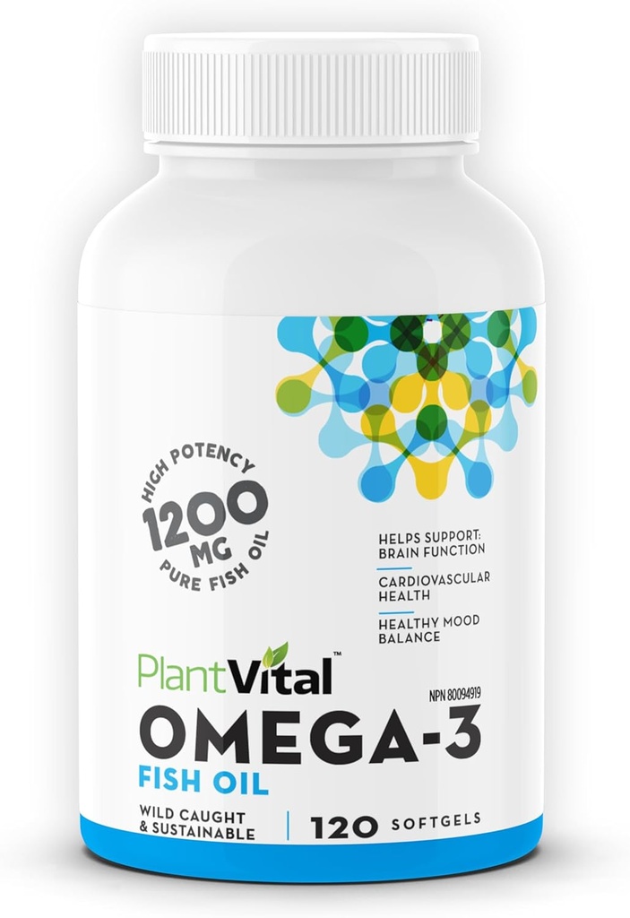 Plantvital Omega 3 Fish Oil Capsules - Puro Norwegian Omega 3 Suplemento - Triple Fuerza - No Fish Flavor - Molecularmente Destilado - Apoyo Cognitivo, Conjunto, Ojo, Pelo y Corazón Salud - 120 Conde