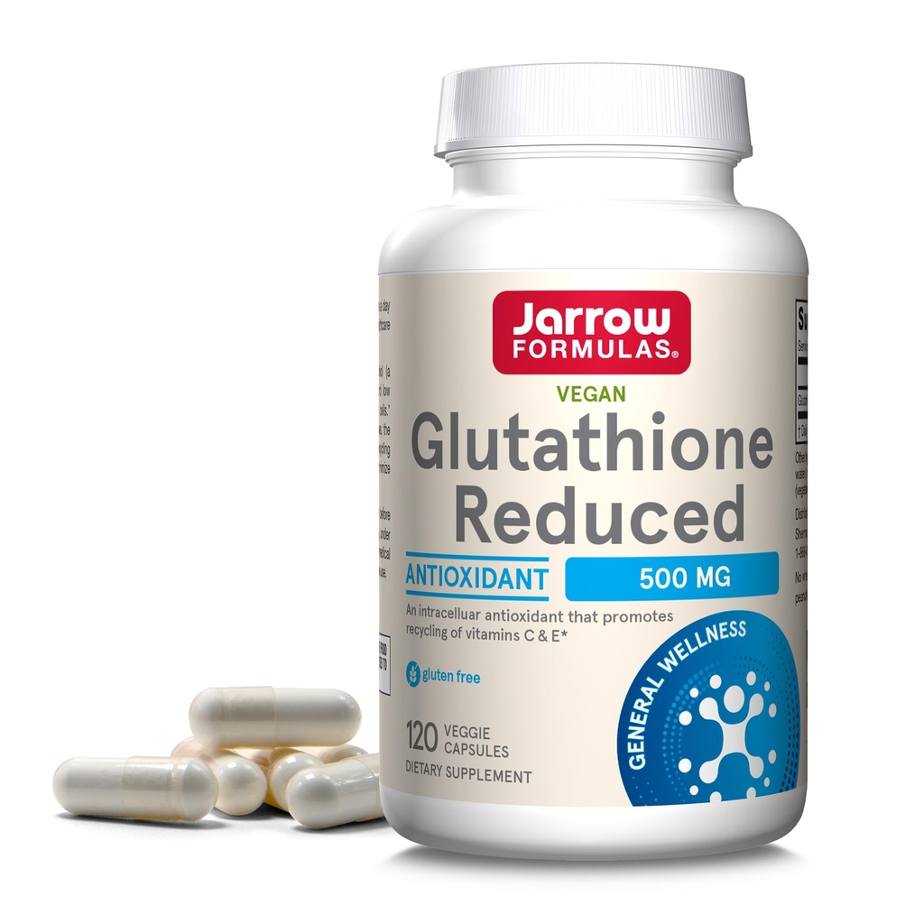 Jarrow Formulas Glutathione Reduced 500 mg - 120 Veggie Caps - Farmacéutica Grade Glutathione - Antioxidante intracelular - Bolsters Regeneración de niveles de vitamina C &amp; E en el cuerpo - 120 Servings