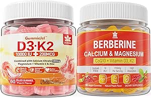 Vitamina libre de azúcar D3 K2 Gummies con calcio, citrato de magnesio, vitamina C + suplemento de bereberina Gummies, con bereberina litomal " Berberina HCI, calcio, magnesio