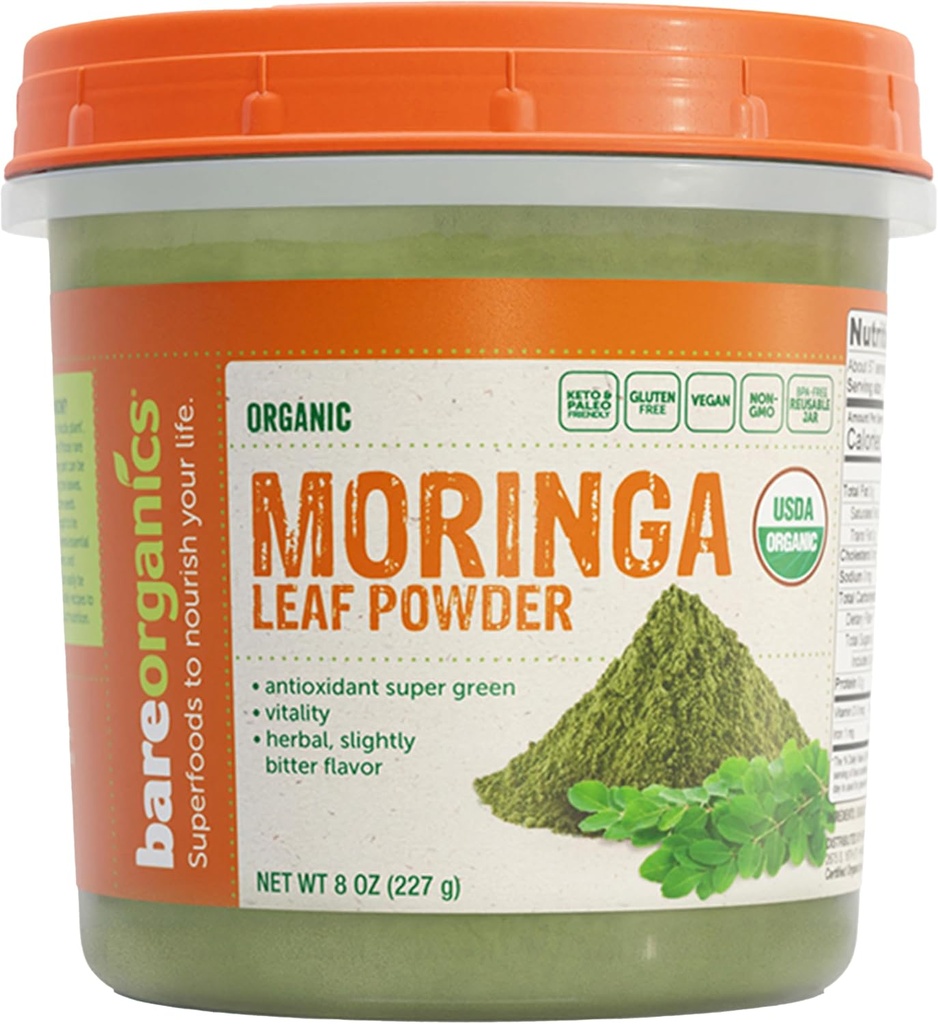 BareOrganics Moringa Leaf Superfood Powder, Orgánico, Suplemento Vegan, 8 onzas