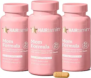 HAIRtamin MOM Vegan Prenatal ' Postnatal Multivitamin Capsules ' Hair Vitaminas, Postpartum, Breastfeeding, Hair Nails, and Skin Vitamins for Women with Biotin, Zinc, Iron (3-Pack)