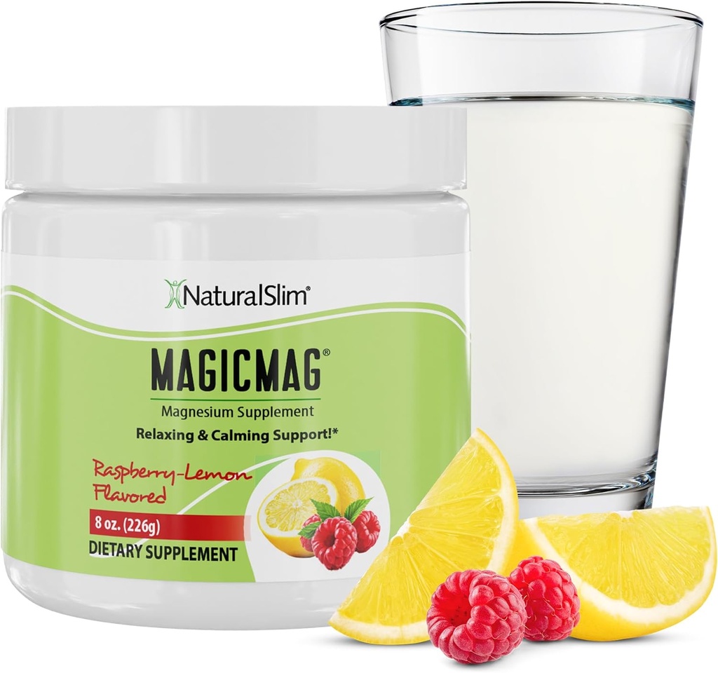 NaturalSlim Magicmag Puro Magnesio Citrate Powder Estrés, Estreñimiento, Muscle, Heart Health y Sleep Support ← Raspberry Lemon Magnesium Suplemento - 8oz Drink Mix (Solo)
