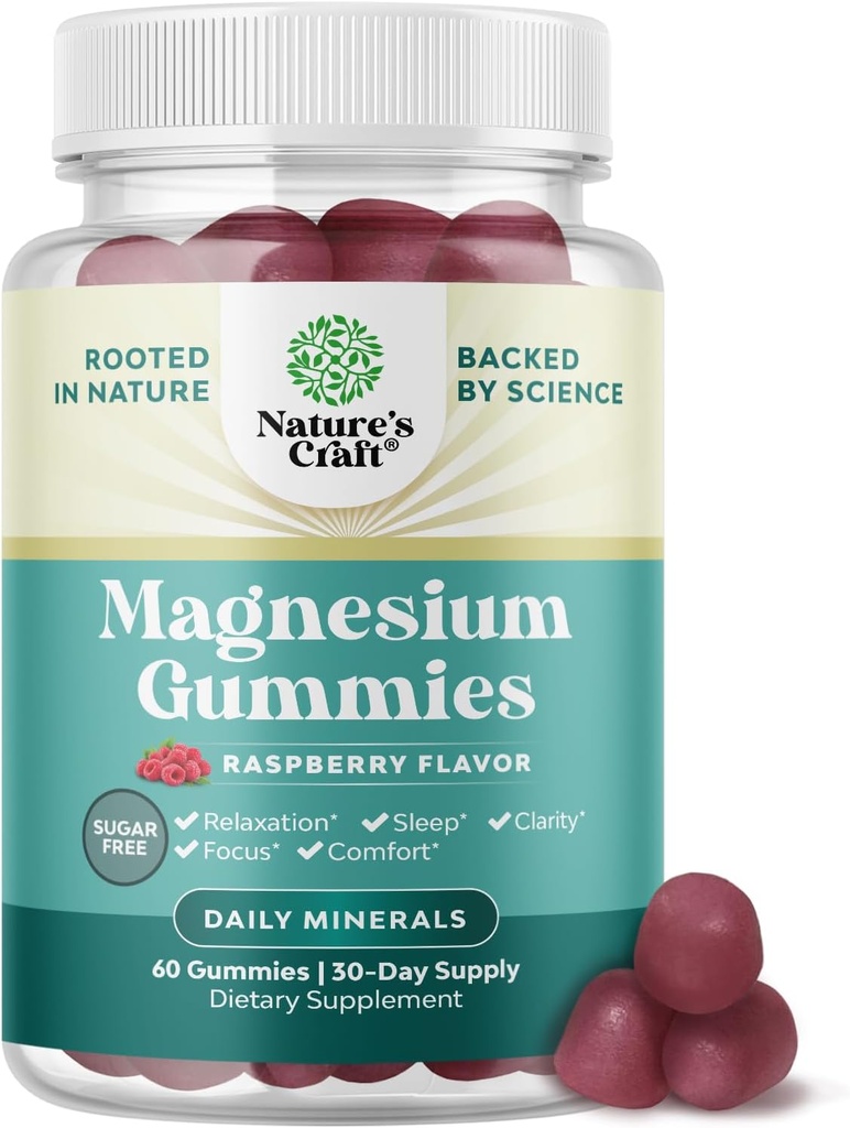 Gafas de Magnesio para Adultos - Relajando Magnesium Citrate Gummies con Mag Elemental - Sleep Aid Soft Chews Raspberry Flavored - Body & Mind Relaxation - 60 Cuenta
