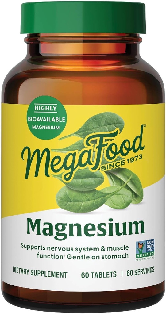 MegaFood Magnesium - Soporta el sistema nervioso del corazón - Suplemento Magnesio con Glycinate de Magnesio fermentado - Vegan, Gluten-Free, Non-GMO y Kosher - Hecho sin 9 Alérgenos Alimentarios - 60 Tabs